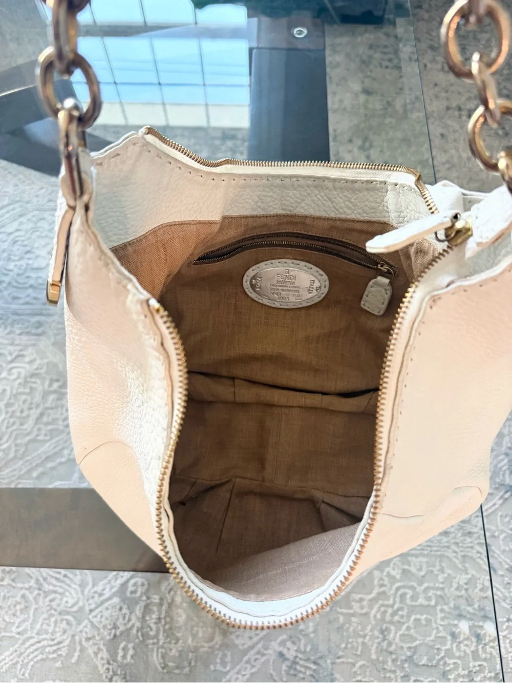Authentic Fendi Selleria Romano Leather Chain Hobo Bag - Cream/Ivory
